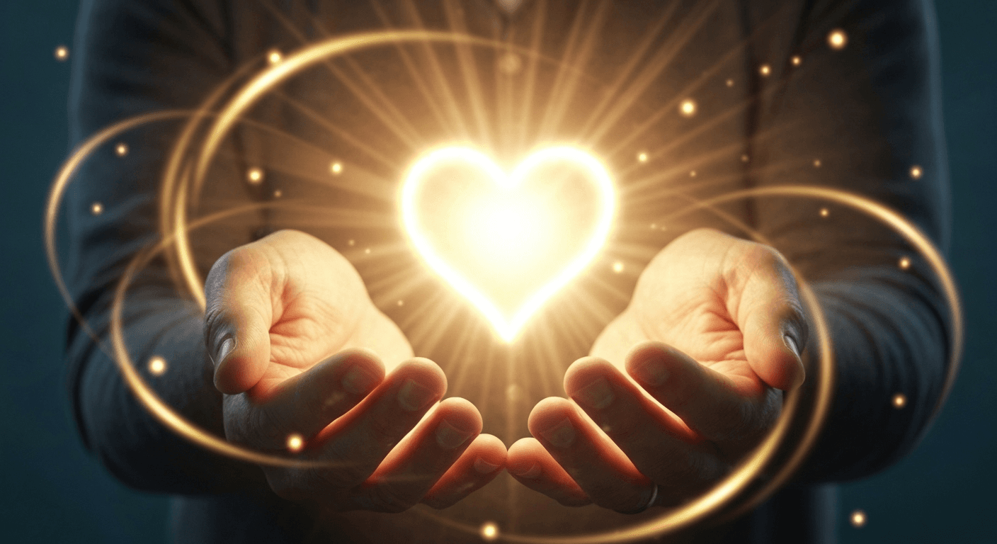 Hands cupping glowing heart-shaped light with golden rays. Hands cupping glowing heart-shaped light with golden rays.