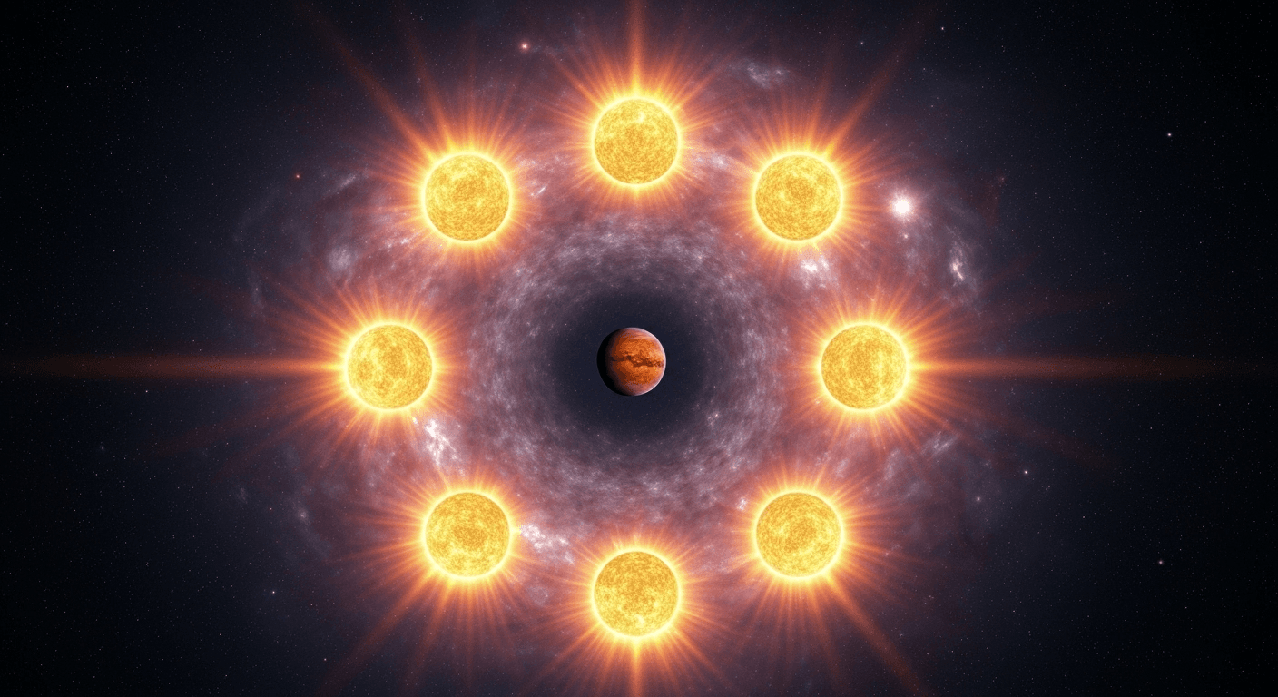 Nine suns forming mandala in cosmic clouds. Nine suns forming mandala in cosmic clouds.