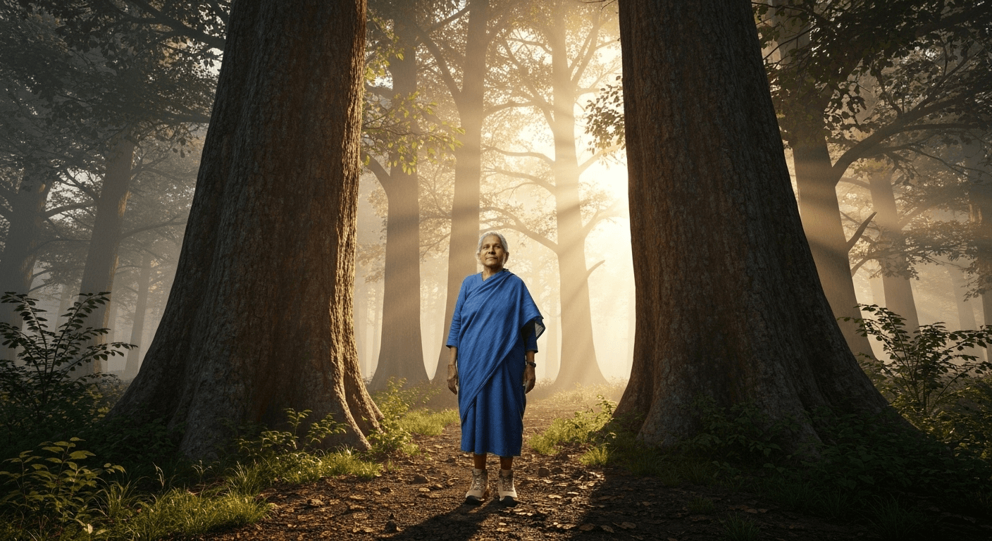 Person standing in misty forest at dawn. Person standing in misty forest at dawn.