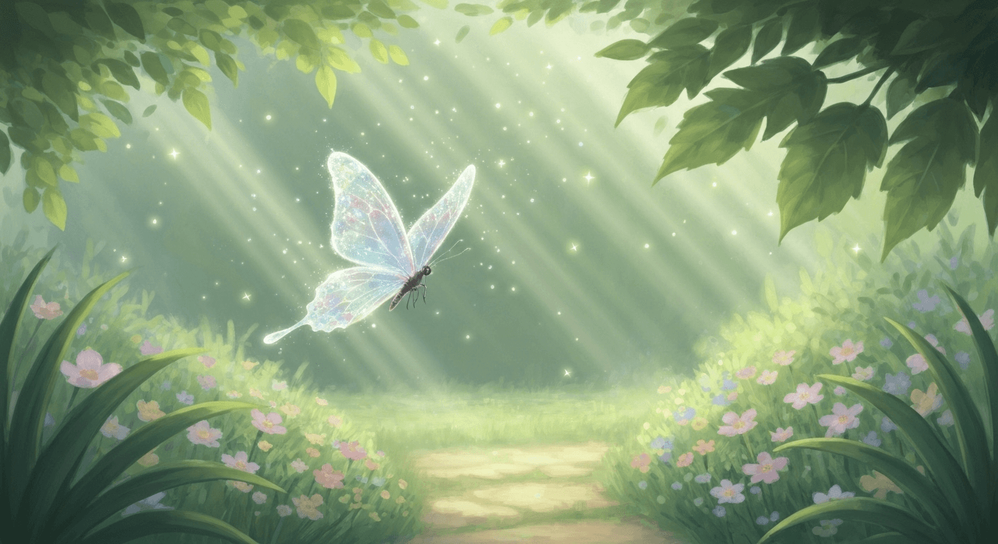 Butterfly dancing through light beams, pastel illustration. Butterfly dancing through light beams, pastel illustration.