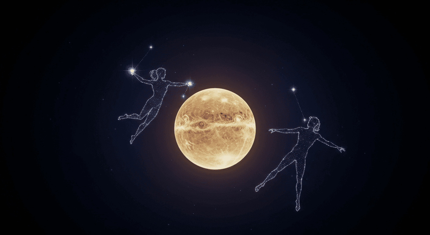 Glowing Venus with Gemini constellation twins dancing Glowing Venus with Gemini constellation twins dancing