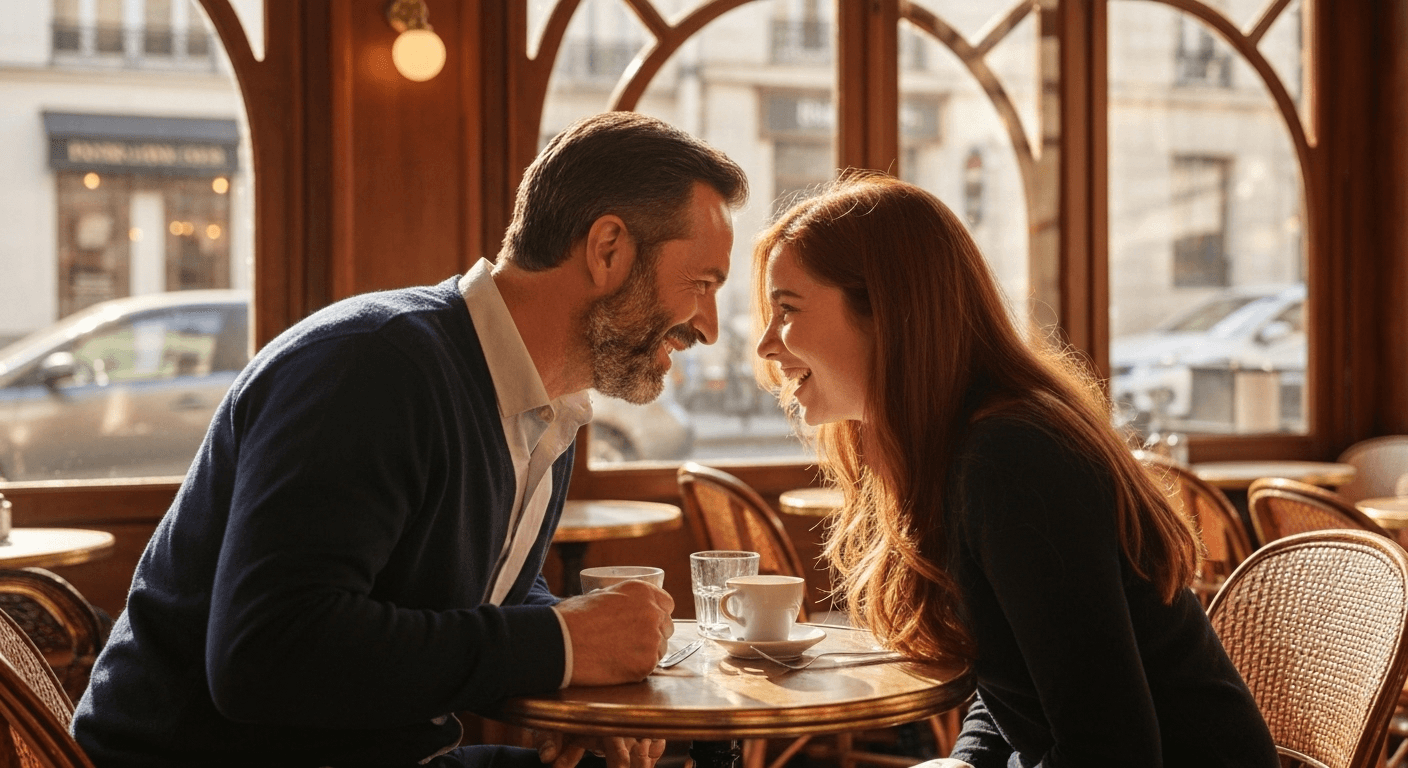 Two people talking animatedly at café. Two people talking animatedly at café.