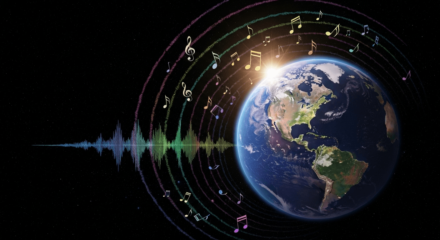 Earth in space with colorful musical waves radiating. Earth in space with colorful musical waves radiating.