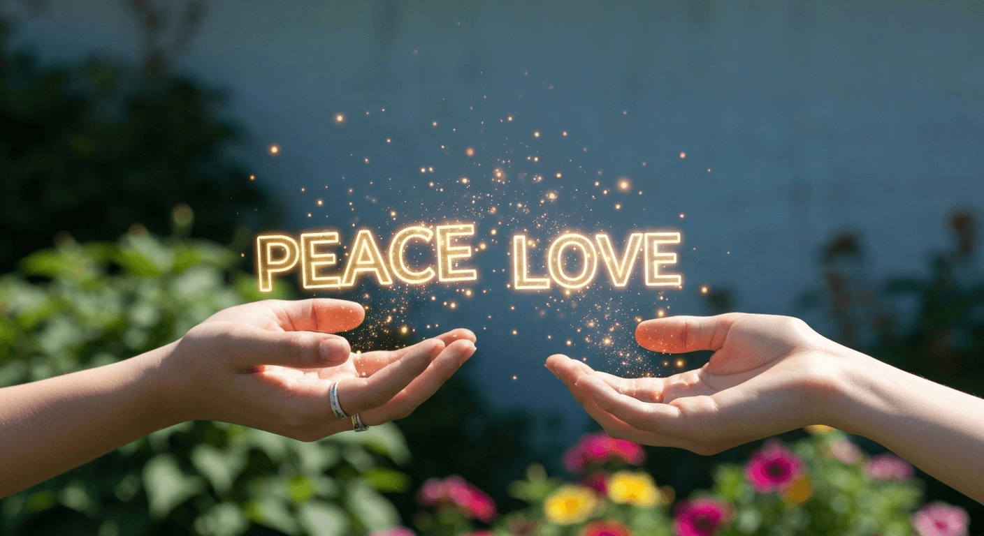 Hands releasing glowing "peace" and "love" words. Hands releasing glowing "peace" and "love" words.
