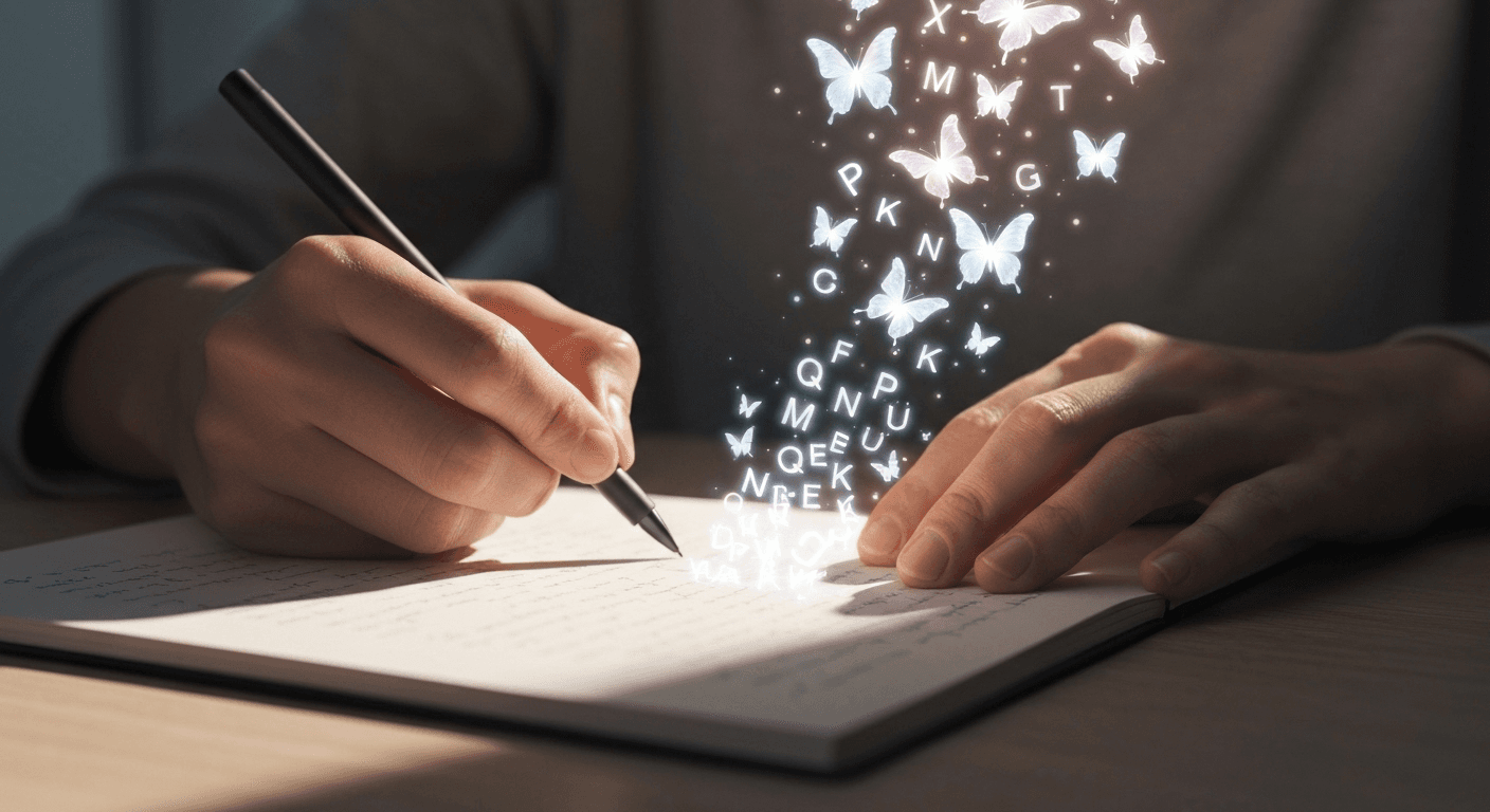 Hands writing journal, glowing letters becoming light butterflies. Hands writing journal, glowing letters becoming light butterflies.