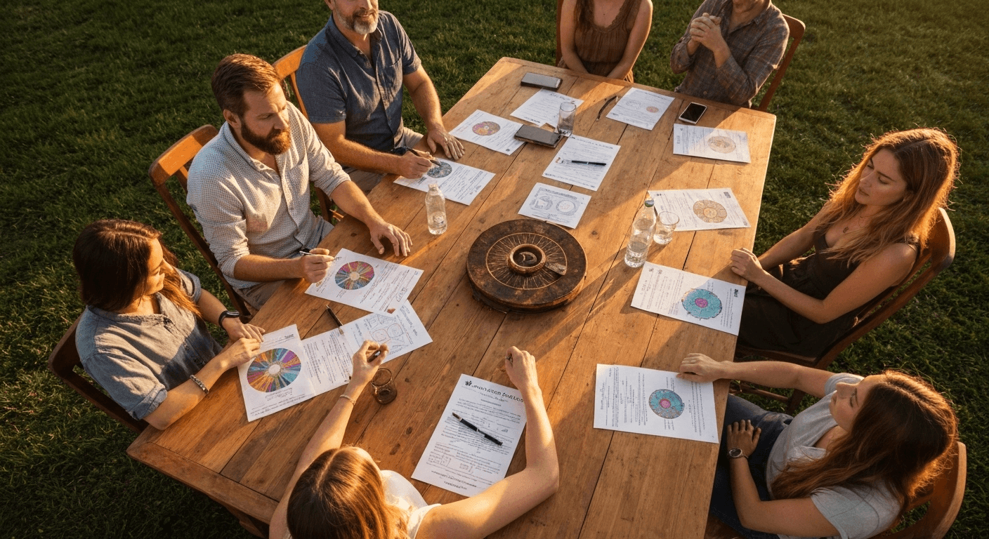 Aerial view people studying numerology charts together. Aerial view people studying numerology charts together.