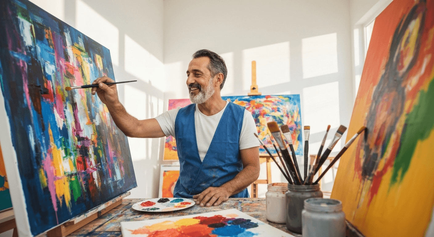 Artist painting colorful abstract art in sunlit studio. Artist painting colorful abstract art in sunlit studio.