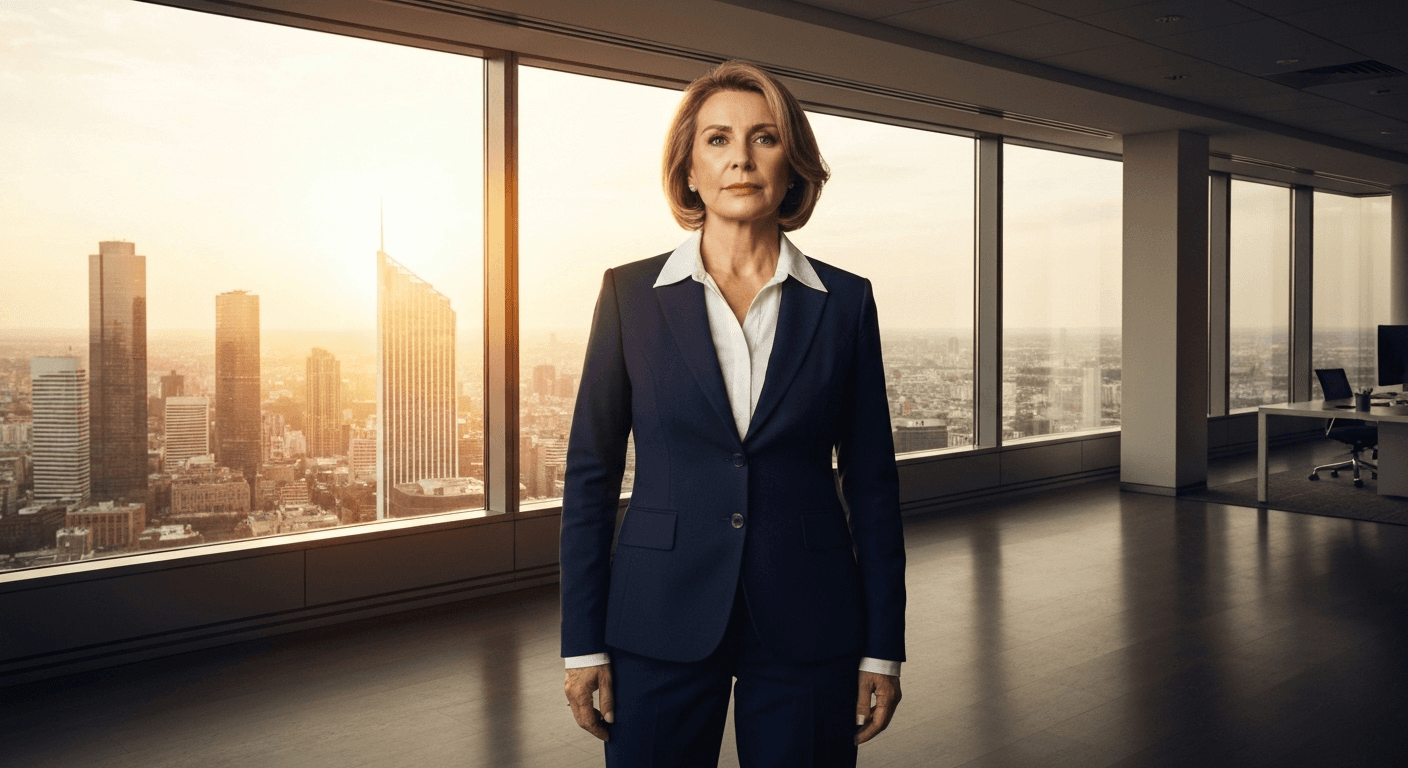 Businesswoman overlooking city skyline through office windows. Businesswoman overlooking city skyline through office windows.