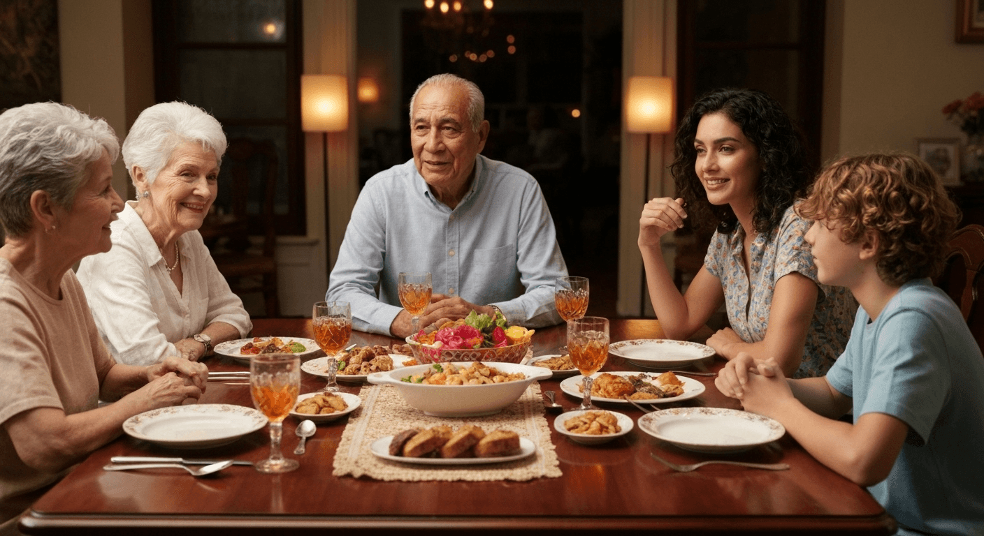 Family sharing dinner in golden hour light. Family sharing dinner in golden hour light.
