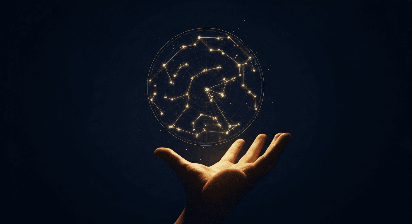 Golden constellation map floating above open hand. Golden constellation map floating above open hand.