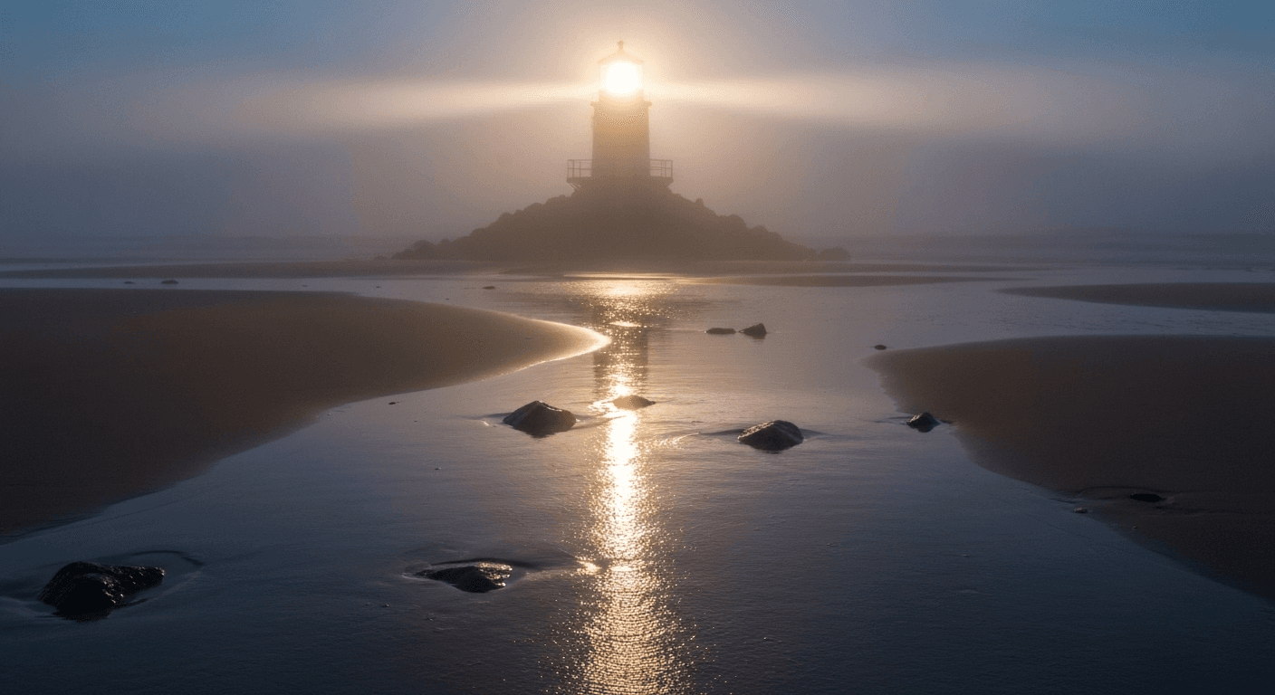 Golden lighthouse beam illuminating winding coastal path. Golden lighthouse beam illuminating winding coastal path.