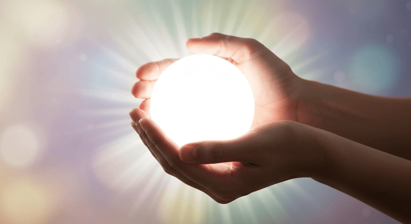 Hands cupping glowing white orb of light. Hands cupping glowing white orb of light.