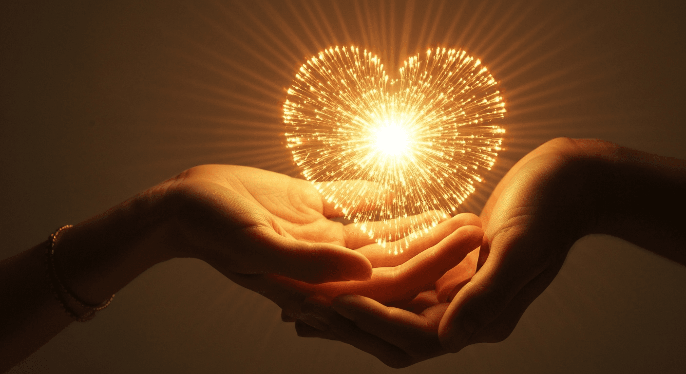 Hands holding glowing heart with warm light. Hands holding glowing heart with warm light.