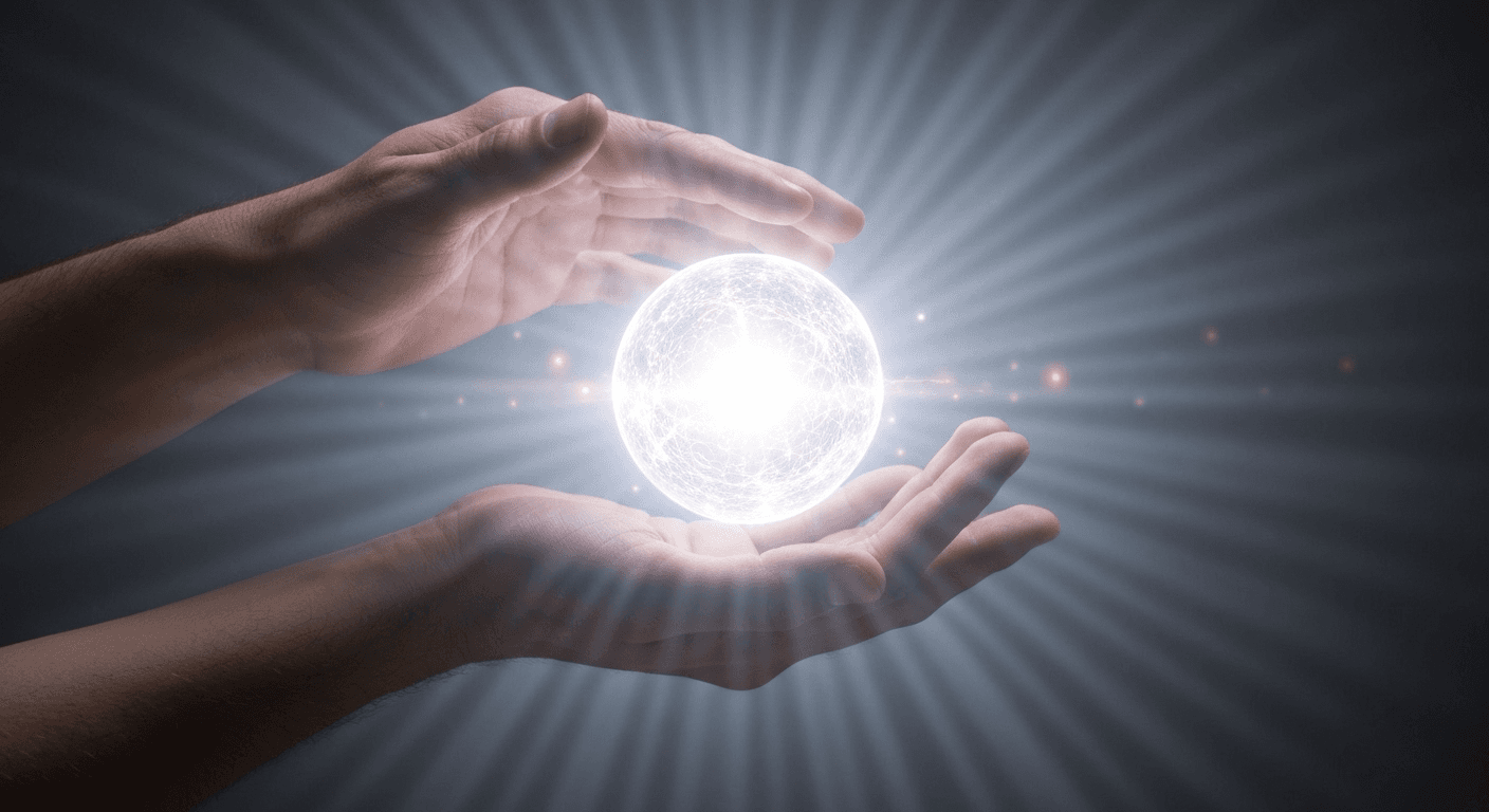 Hands holding glowing orb with light rays. Hands holding glowing orb with light rays.