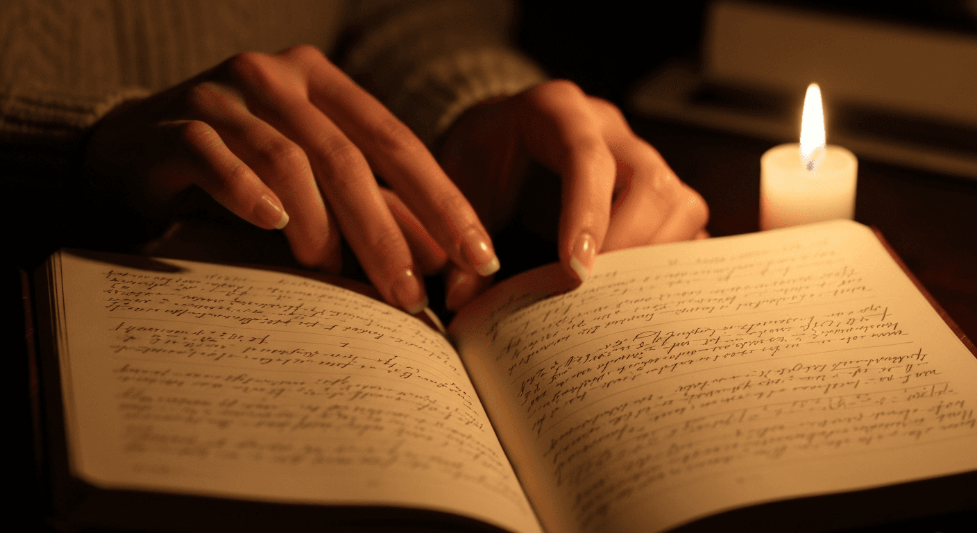 Hands holding journal with numerology calculations, candlelight. Hands holding journal with numerology calculations, candlelight.