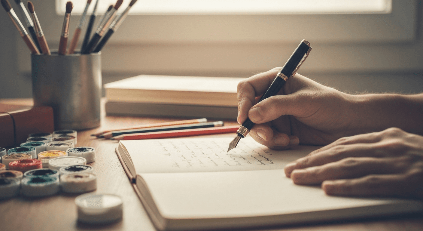Hands writing in journal with fountain pen. Hands writing in journal with fountain pen.