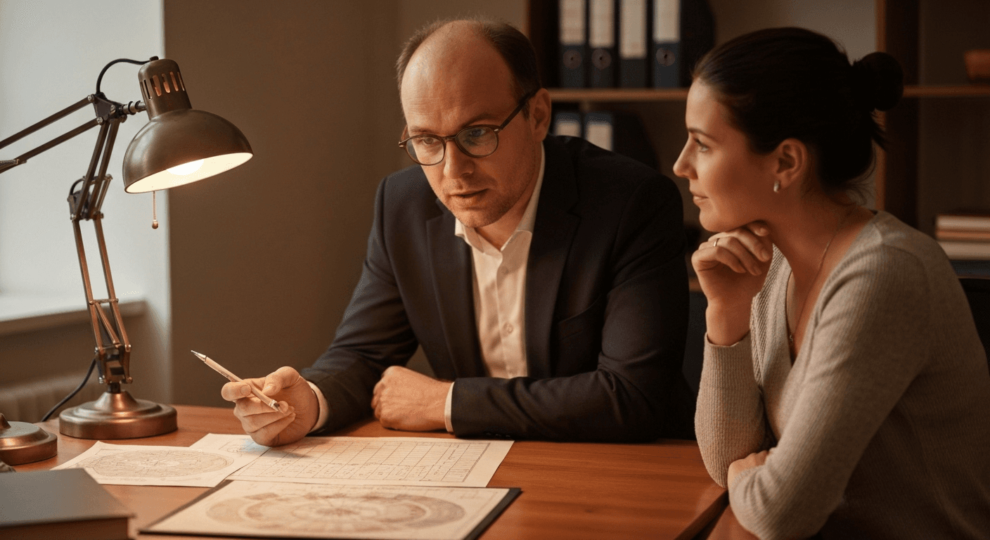 Numerologist consulting client at desk with charts. Numerologist consulting client at desk with charts.
