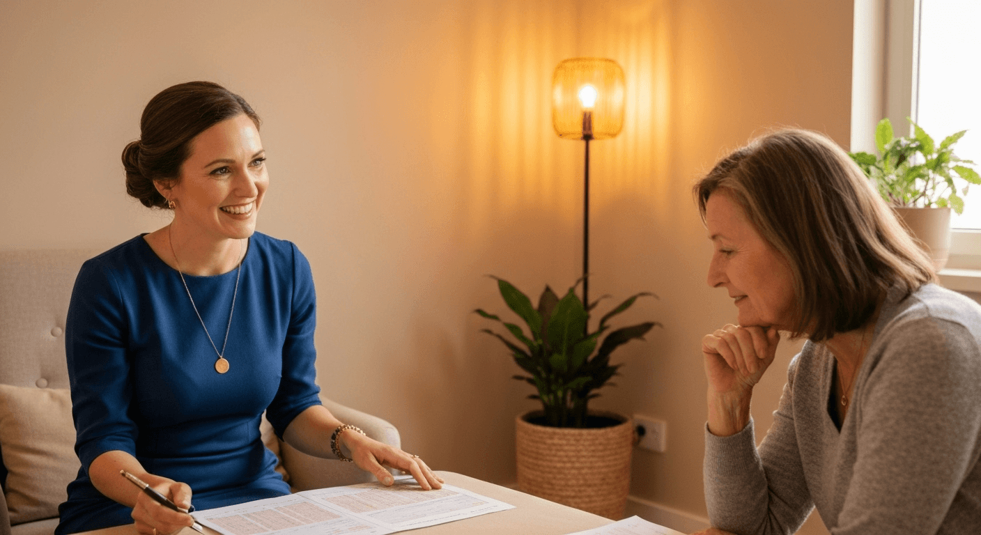 Numerology reader explaining charts to curious client. Numerology reader explaining charts to curious client.