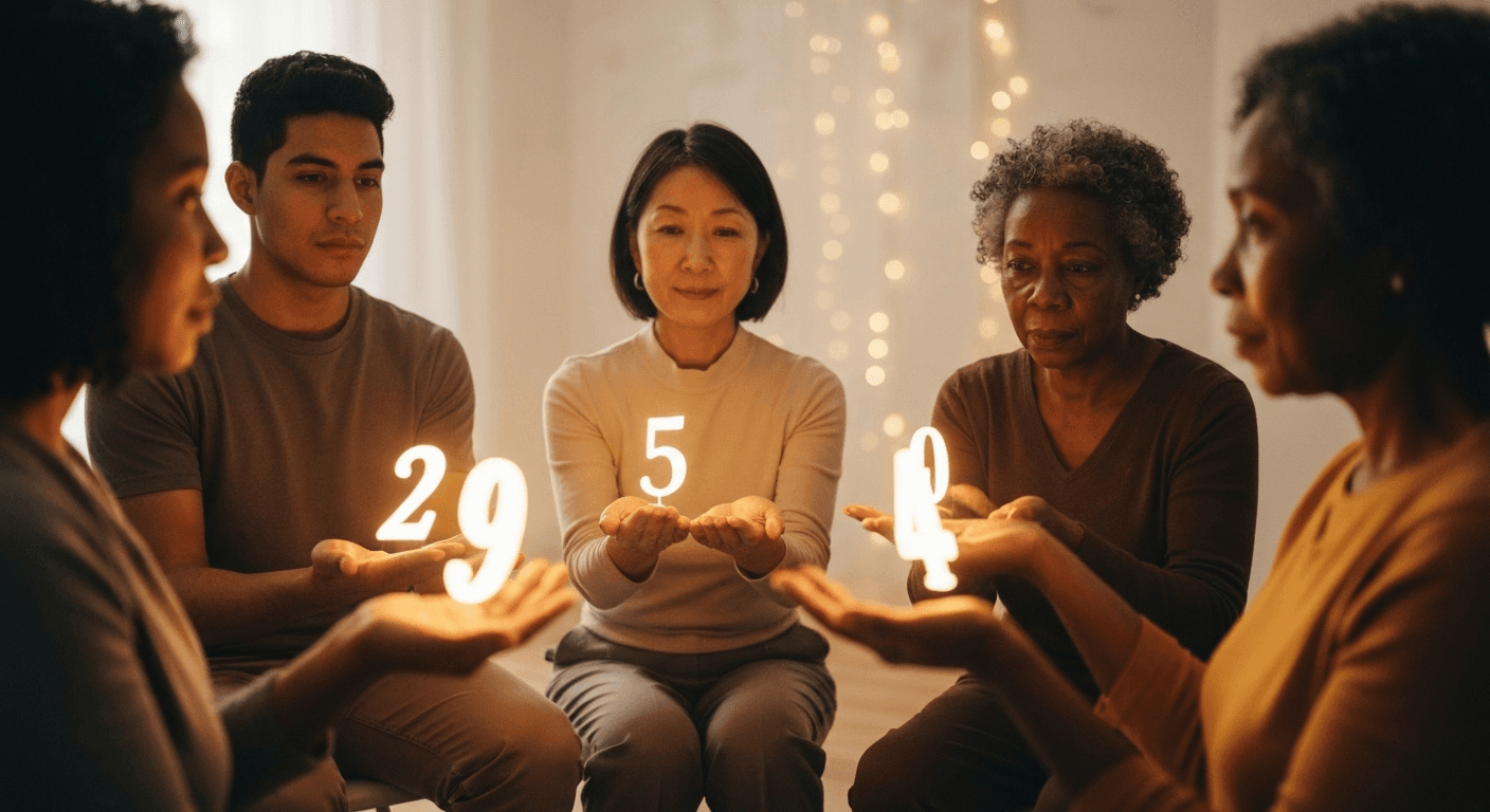 People in circle holding glowing numbers together. People in circle holding glowing numbers together.