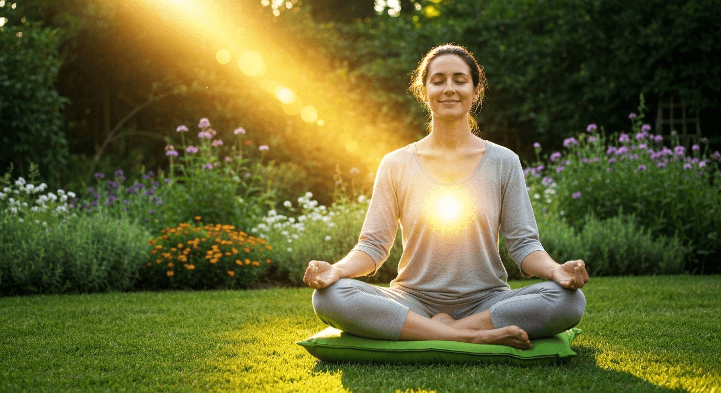 Person meditating with golden heart chakra glow. Person meditating with golden heart chakra glow.