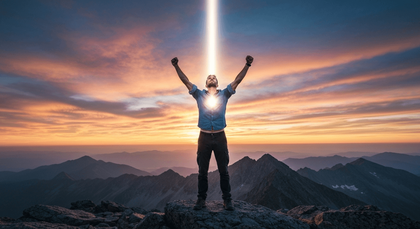 Person on mountaintop with light beam upward. Person on mountaintop with light beam upward.