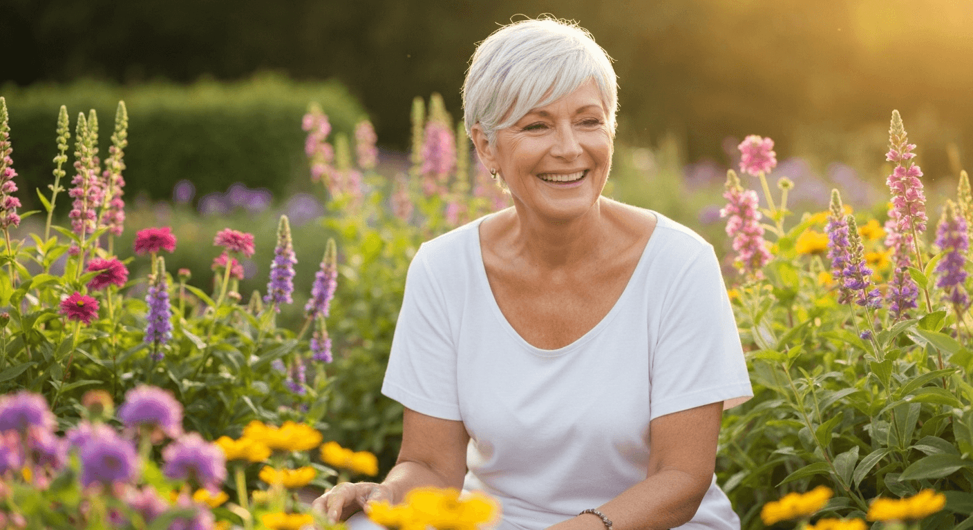 Person smiling peacefully in sunlit blooming garden. Person smiling peacefully in sunlit blooming garden.