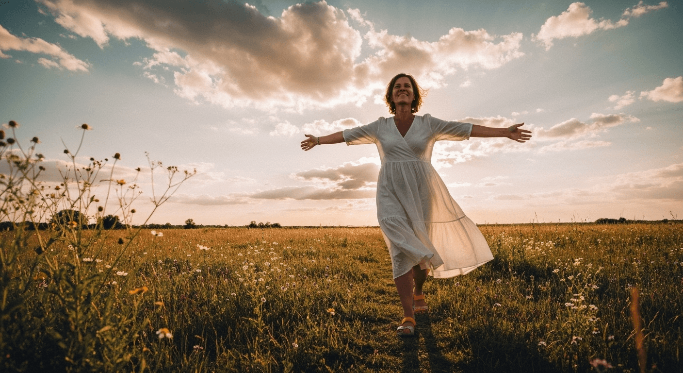 Person with outstretched arms in golden meadow. Person with outstretched arms in golden meadow.