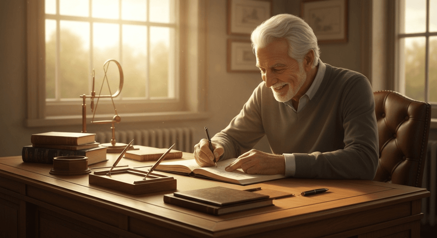 Silver-haired person writing calculations in leather journal. Silver-haired person writing calculations in leather journal.