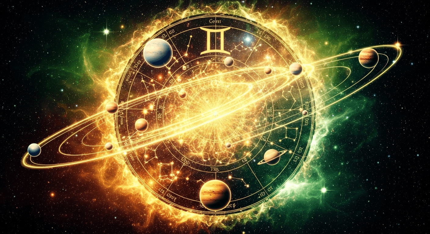 Cosmic mandala with Gemini constellation and planets. Cosmic mandala with Gemini constellation and planets.