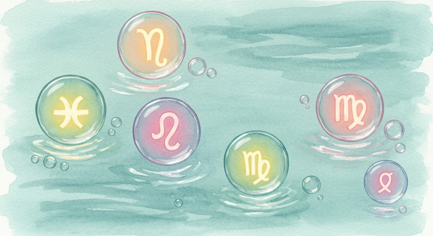 Watercolor zodiac symbols in floating water bubbles. Watercolor zodiac symbols in floating water bubbles.